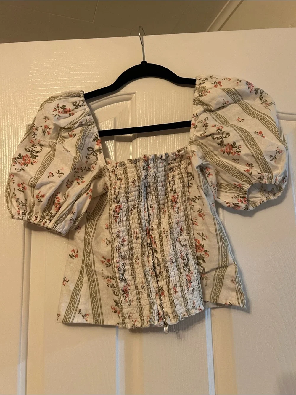 Reformation Cream Floral Puff-Sleeve Square Neck Top